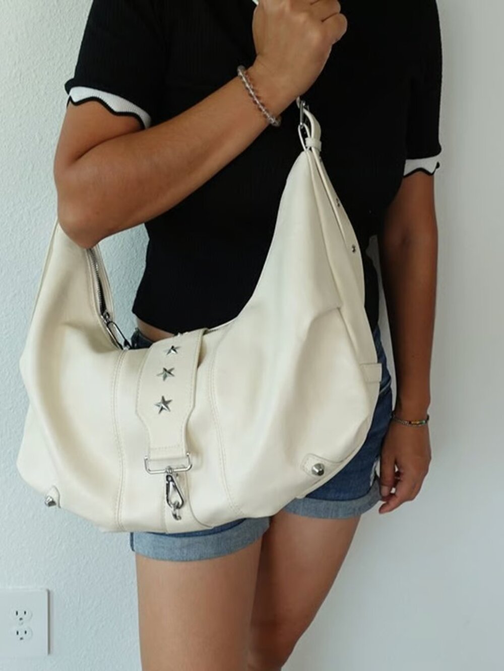 Ivory Y2K Star Studded Hobo Shoulder Bag Ivory White Slouchy Vegan Leather Purse